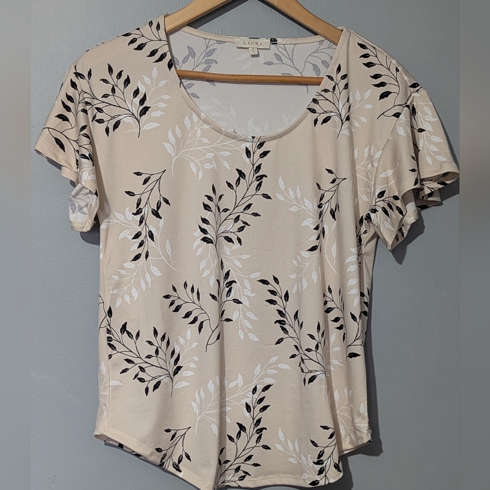 Laura Leaf Print Flutter Sleeves Scoop Neck Women's Small Cream Knit Top‎